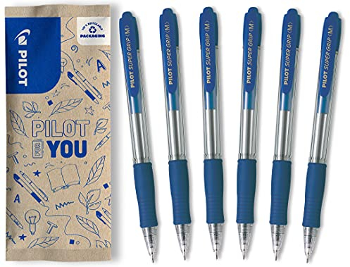 PILOT - 6er-Set Super Grip Kugelschreiber - Nachfüllbarer und einziehbarer Kugelschreiber - Blau - Mittlere Spitze