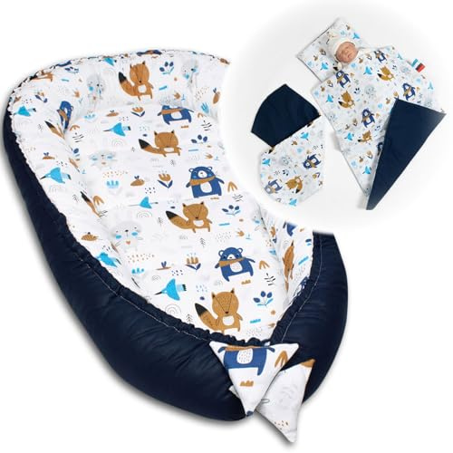 PaLulli 3-TLG Baby Ausstattung-Set Kuschelnest Babynest 95x55cm Baby-Matratze Kuscheldecke Babybett 100% Baumwolle Hypoallergisch Für 0-8 Monate