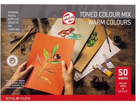 Talens Papier - Tonpapierblock Warm Colour Mix A4-29,7 x 21 cm, 180g 50 Blatt, Wüstenbraun, Veronagrün, Rot, Baumwollweiß - Ideal für Buntstifte, Weiche Pastelle, Gouache, Tusche
