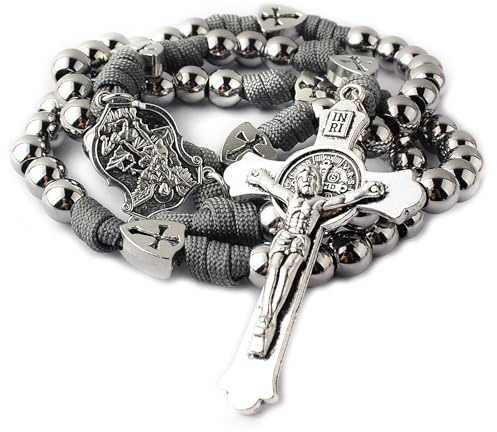 HanlinCC Large and Heavy Stainless Steel Beads Rugged Durable Paracord Rosary Necklace for Men with St.Michael Center Piece and St.Benedict Crucifix (Grey Paracord Rosary)