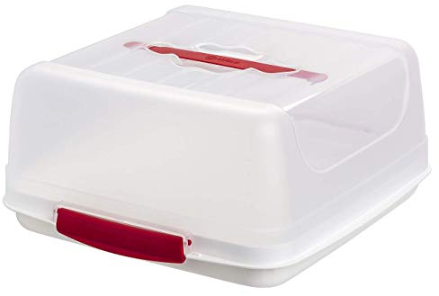 Engelland - Kleine recht-eckige Kuchen-Transportbox mit Griff, Deckel und 2-fach Klick-Verschluss, Farbe: Rot/Transparent, L 27,5 cm x B 26,5 x H 12,5 cm, BPA-frei, Torten-haube, quadratisch