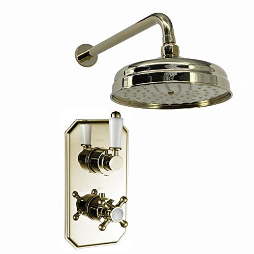 ENKI SH0270 Regent Thermostatic Concealed 1 Outlet Shower System, White | Solid Brass, 10-Year Guarantee, Swivel Spout, Rainfall Shower Head, Shower Mixer Set, Modern Bathroom