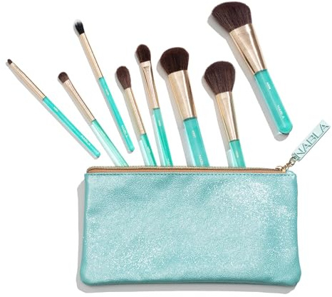 Nabla Aquamarine Essential Brush Set | Set di pennelli trucco professionali e 100% vegan, per un trucco impeccabile | Design elegante color verde acqua, ideale come regalo.