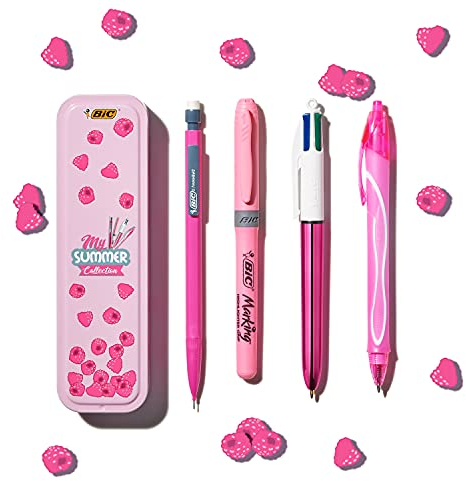BIC Summer Pink Box : Stylo gel (0,7 mm), Porte-mines, Stylo bille 4 couleurs (1,00 mm), Surligneur - Rose, Lot de 4