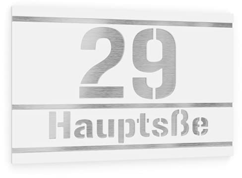 Graviers Design Hausnummernschild aus V2A Edelstahl 160x110mm - Weiß - Wetterfest Rostfrei Individuell anpassbar nach eigener Nummer Straße - Made in Germany