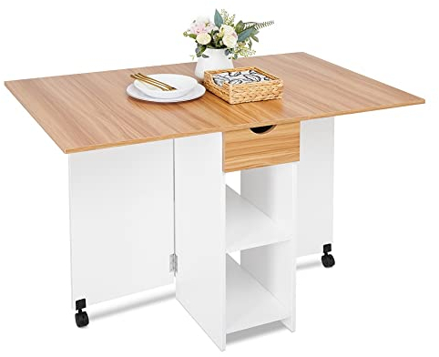 Mondeer Mobiler Klapptisch, Klappbarer Esstisch Geeignet für kleine Räume mit 1 Schublade und 2 Ablagen für Esszimmer Küche,72 x 120 x 75 cm,Weiß und Roteiche