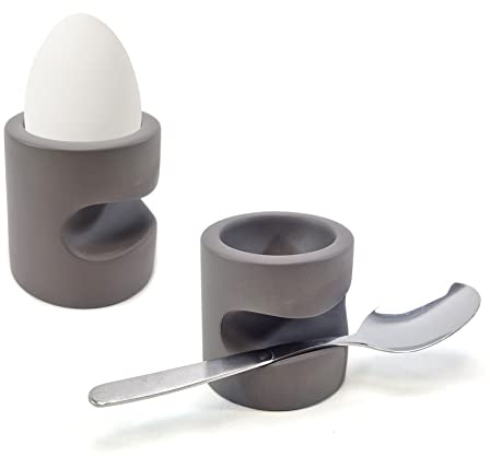 QMBasic 2er Set EIERBECHER | grau modern Beton Style mit Löffel-Ablage zeitlos praktisch anders