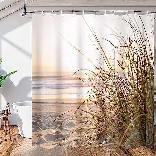 ALMONO Duschvorhang 120x180 Strand Duschvorhang Gras Badezimmer Vorhang Antischimmel Wasserdicht 3D Effekt Duschvorhänge Textil Polyester Stoff für Badewannen mit Haken