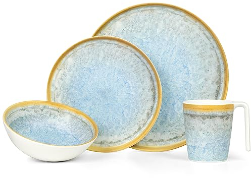 Vaisselle de camping 1 personne 4 pièces en mélamine | Service de table de pique-nique | Vaisselle de camping Crystal Blue Design