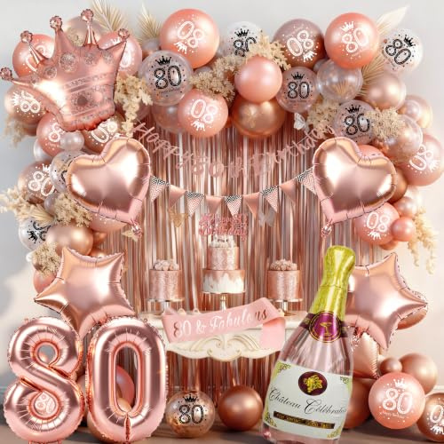 Rose Gold 80th Birthday Decoration for Women - Happy 80th Birthday Banner, Triangle Flag Banner, Number 80 Balloons, Foil Curtains for Party Decorations