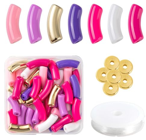 Craftdady 72-teiliges Set mit gebogenen Röhrenperlen, Stretch-Armbandherstellung, Acrylperlen, goldene Abstandhalter, elastische Schnur für Schmuck, Stretch-Armreif, Violett/Rosa