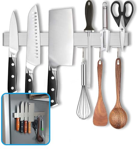 HomeSimplex Magnetischer Messerhalter für Kühlschrank mit Haken, magnetischer Messerleiste ohne Bohren, magnetischer Messerhalter, Küchenutensilienhalter, Aufhänger aus 304 Edelstahl, 304