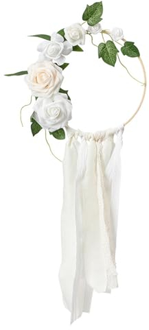 LEMCC Blumen-Reifenkranz, Holz-Reifenkranz mit Künstlichen Rosen und Band, Künstliche Rosen-Blumenkranz-Girlande für Hochzeiten, Hängender Blumenkranz für Hochzeitsbogen-Hintergrund, Tür- und(Weiß)