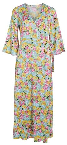 Vila Damen Legeres Blusenkleid mit Kimono Ärmel Midi Dress mit Bindegürtel VISUNA, Farben:Gelb, Größe:42