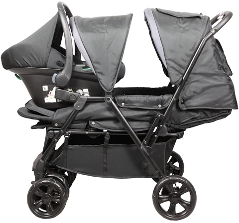 Passeggino gemellare doppio - BAMBISOL - Passeggino doppio combinato + Seggiolino auto I-size - 4 ruote - Nero