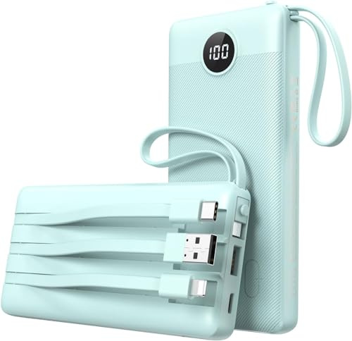 Power Bank 10000mAh Batteria Esterna con Cavi Integrati Caricatore Portatile Powerbank USB C con 5 Uscite e 2 Ingressi Compatibile con iPhone, iPad, Xiaomi