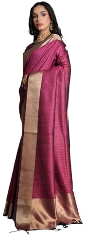 Laavaan Sari de algodón y seda para mujer con blusa sin coser, rosa oscuro, Talla única