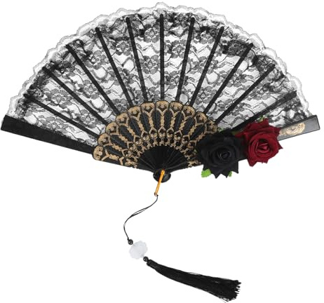 OhMill Black Lace Rose Fan - Vintage Silk Hand Fan - Compact & Portable - Perfect for Tea Parties & Venetian Masquerades - One Size