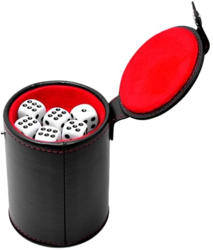 Leather Dice Cup with Lid Including 5 Dices, Red Velvet Interior for Quiet Shaking, Use for Liars Dice Farkle Yahtzee Board Games