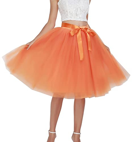 Tüllrock Damen 80er Rock Retro Ballet Tanzrock Kurz Ballett tütü Rockabilly Petticoat Unterrock Tanzkleid Ballkleid Abendkleid Zubehör 50er Rockabilly Jahre Tutu Cosplay Festliche (Orange, One Size)