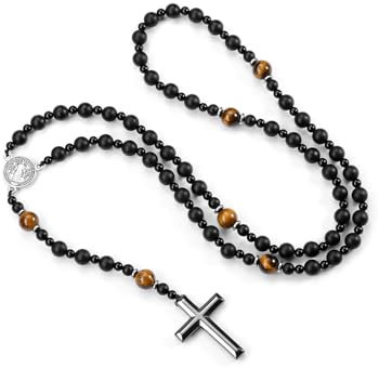 PiercingJak Rosenkranz Kreuz Kette Schwarz Achat Perlen Gebetskette mit Heiliger Benedikt Medaille Anhänger Herren Halskette Katholische Christlich Religiöse Schmuck für Kommunion Taufe Messe