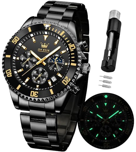 OLEVS Watches for Men Waterproof Designer Luxury Formal Luminous Two Tone Stainless Steel Men's Watch Date Moon Phase Chronograph Quartz Watch Men's Gifts