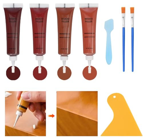BUDOCI Holzmöbel-Reparaturset, Laminat Parkett Reparatur, 4 Farben Holzspachtelmasse, Holzreparaturset Reparatur von Kratzern, Rissen, Verfärbungen für Holzschrank, Boden, Tür, Tischoberflächen
