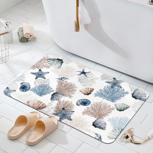 APROPHIC Ozean Badezimmerteppich, mit Seesternen, Korallen, Muscheln Saugfähige Badematte, rutschfest und Waschbar Badteppich, Geeignet für Badezimmer, Duschen und Waschküchen, Blau 50 x 80 cm