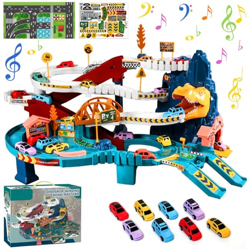 Tatqilo Boys Dinosaur Race Track Play Set, Children's Toy Car Garage with 8 Mini Cars, Car Ramp Toy with Music Effects, Educational Toy, Christmas & Birthday Toy Gift for Kids 3 4 5 6 7 8 Years Old