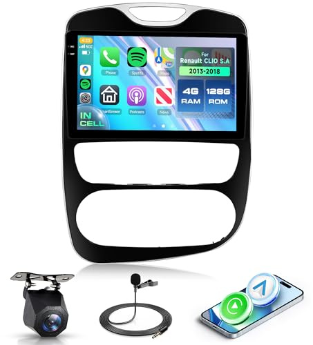 Rimoody 4G 128G Android Car Radio for Renault S.A CLIO 2013-2018 10.1'' In-Cell Screen Car Stereo with Wireless CarPlay Android Auto GPS/Bluetooth 5.0/FM RDS/EQ/Wi-Fi/Mirror Link/Backup Camera