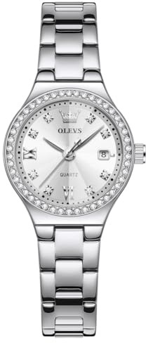 OLEVS Watch Women Silver Ladies Watches for Women Dress Diamond Womens Watches for Small Wrist Dainty Stainless Steel Waterproof Reloj para Mujer Analog Quartz White Date Elegant Female Watch