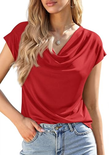 PRETTYGARDEN Womens Tops Dressy Casual Clothing 2026 Summer Cowl Neck Short Sleeve Blouses Spring Business Work Office Shirts (Red,XX-Large)