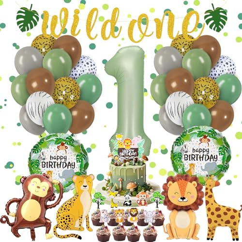 Fizdoqg Wild One Deko 1. Geburtstag Junge Mädchen Safari Geburtstag 1 Jahr | mit Luftballons, Banner, Cake Topper für Dschungel Party Dekoration, Geburtstagsdeko