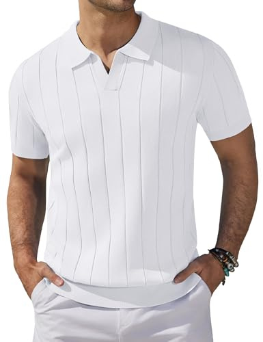 COOFANDY Polo de Hombre de Manga Corta, Polo de Punto de Verano con Cuello en V para Golf, Poloshirt para Hombres Blanco L