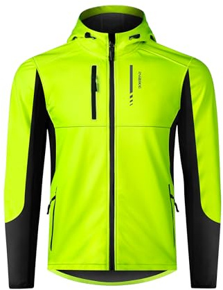 INBIKE Chaqueta Softshell de Invierno Para Hombre Para Ciclismo, Senderismo Y Running Cortavientos, Caliente, Forrada Con Felpa, Con Capucha Ajustable Y Desmontable Verde L