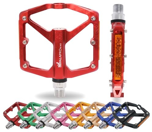 IMPALAPRO Pedali Bici Corsa in Alluminio CNC con Riflettenti Ultralight 298 g – Pedali Flat MTB con Piattaforma Media 100×95 mm, 12 Pins Inox Antiscivolo – Pedali MTB, Urbano e Gravel (rosso)