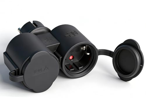 Dubbel Schuko Adapter Svart Uttag Multipla Plugg Schuko 2-vägs Trådlös för Inomhus och Utomhus (16A/250V/Max 3500W, IP44)