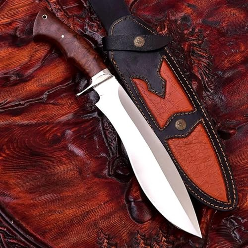 Handmade hunting knife, 26 cm blade made of real Damascus steel, rosewood handle, 39 cm overall length, real leather sheath. (Bowie-3)