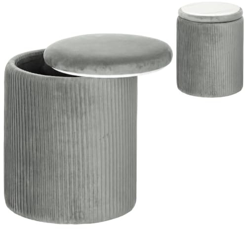HOMCOM Round Storage Ottoman Pouffe Velvet-Feel Hidden Space Grey | Upholstered Foot Stool, Padded Seat, Hidden Space, Living Room, Bedroom