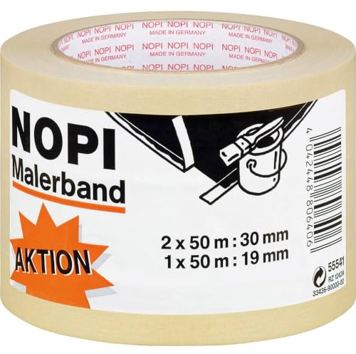 NOPI Malerkrepp - 3er-Pack - Hellbeige - 2 x 50 m x 30 mm + 1x 50 m x 19 mm | Abdeckband mit Naturkautschuk-Klebmasse für besonders starken Halt - bis zu 4 Tage lang rückstandslos entfernbar