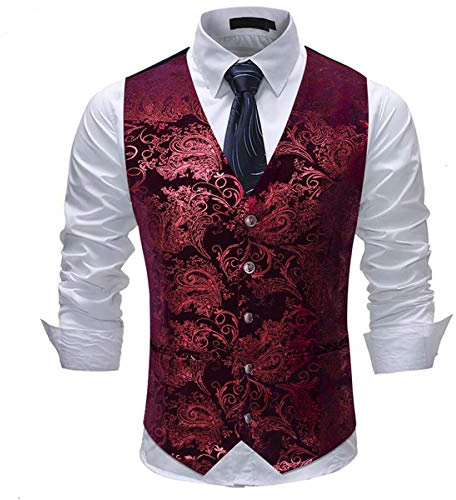 Allthemen Mens Paisley Jacquard Suit Gilet monopetto Vest Slim Fit Button Down Prom Abito formale Gilet Rosso XL