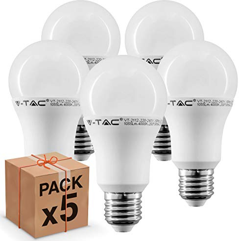 5 pezzi, Lampadine LED V-Tac E27, 11W (1055 lumen equivalenti a 75W), Forma: Bulbo, Luce Bianco Caldo, Naturale o Freddo (Bianco Naturale)