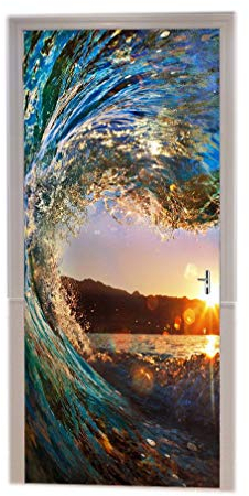 A.Monamour Türtapeten Selbstklebend 3D Sonnenuntergang Ozean Meer Welle Tropische Insel Natur Landschaft Bild Drucken Türtapete Türposter Tapete 77x200cm