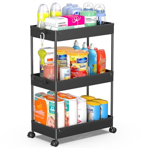 SPACEKEEPER 3 Tier Rolling Cart, Bathroom Cart Organizer with Wheels, Black
