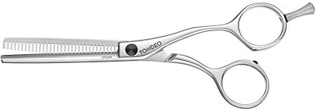 TONDEO Texturierschere SPIDER SHINE OFFSET 5.25 black | Modellierschere mit 33 Zähnen mit Prismenschliff im ergonomischen Offset-Design | poliert | Made in Solingen | Modellierschere mit 33 Prismenschliff-Effilierzähnen | Chromstahl nach Solinger Sonderschmelze | poliert | Made in Solingen