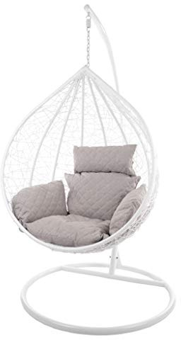 KIDEO Komplettset: großer Hängesessel mit Gestell & Kissen, Korbsessel, Poly-Rattan (Korb & Gestell: weiß, Kissen: grau gesteppt Nest (8010_Diamond_Cloud))