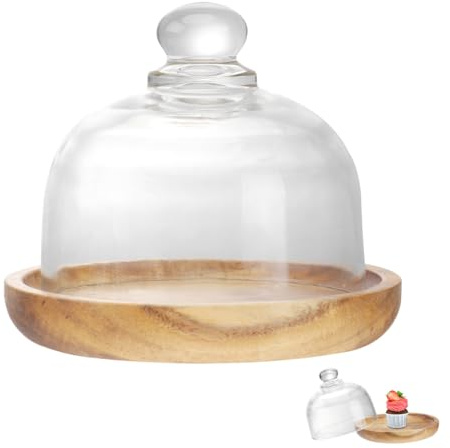 Cabilock 4 Inch Mini Cake Stand with Glass Dome, Small Wood Cake Tray with Lid, Decorative Cupcake Display Serving Plate, Cheese Ball Cloche for Dessert, Butter, Candy, Succulents