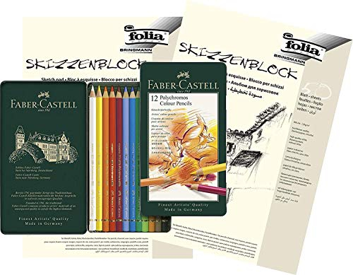 Faber-Castell - Farbstifte Polychromos, 12er Metalletui + Skizzenblöcke A4