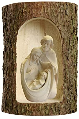 Weihnachtskrippe aus Holz, in einem Baumstamm mit Maria, Jesus und Josef, hergestellt in Gardena-Val, Linie Krippe des Frieds (Natur/Natural Wood)