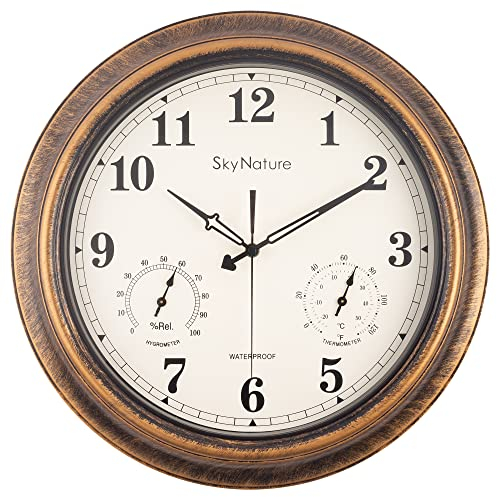 SkyNature Grande horloge d'extérieur étanche avec thermomètre et hygromètre, horloge de piscine silencieuse en métal pour patio, terrasse, porche, 45,7 cm
